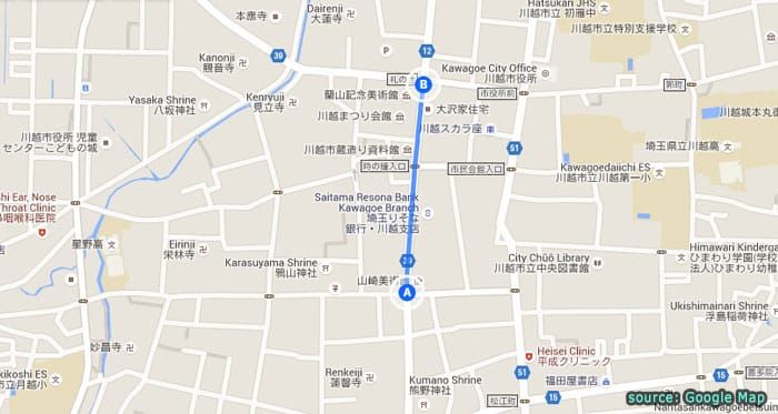 แผนที่แสดงถนนสายหลักของเมืองเก่าคาวาโกเอะ