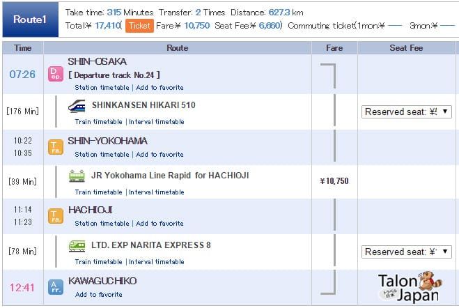 ตารางการเดินทางจากสถานีชินโอซาก้าไปที่สถานีคาวากูชิโกะ