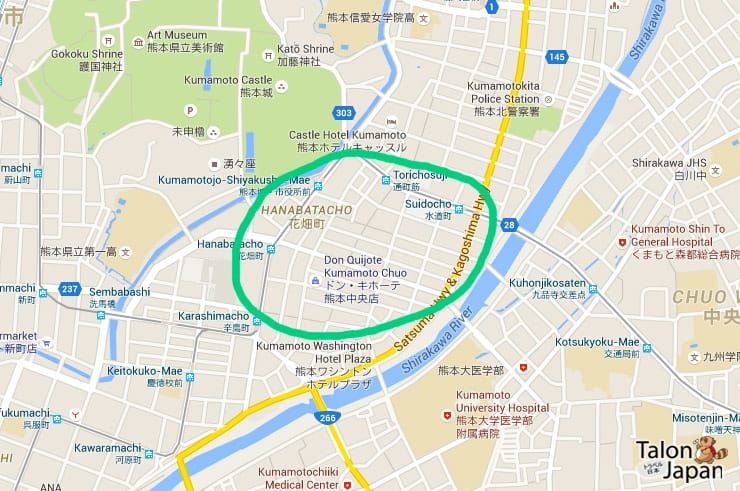 แผนที่บริเวณย่านดาวน์ทาวน์หรือกลางเมืองคุมาโมโต้