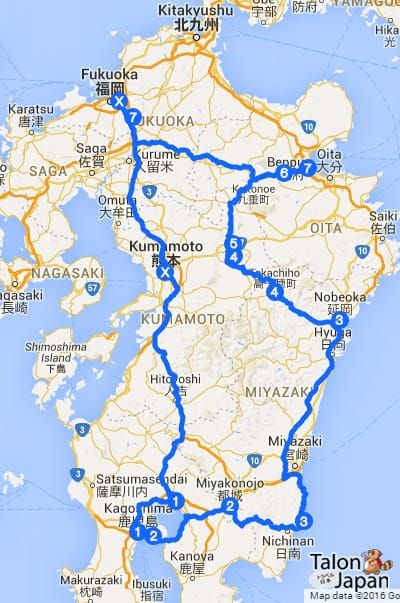 แผนที่เส้นทางในการขับรถเที่ยวทั่วเกาะคิวชูทั้ง 7 วัน