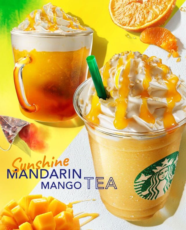 Sunshine Mandarin Mango Tea Frappuccino (ราคา 570 เยน) และ Sunshine Mandarin Mango Tea (ราคา 430-550 เยน)