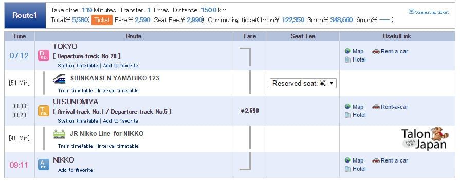 ตารางเวลาและการเดินทางไปกลับโตเกียวและนิกโก้